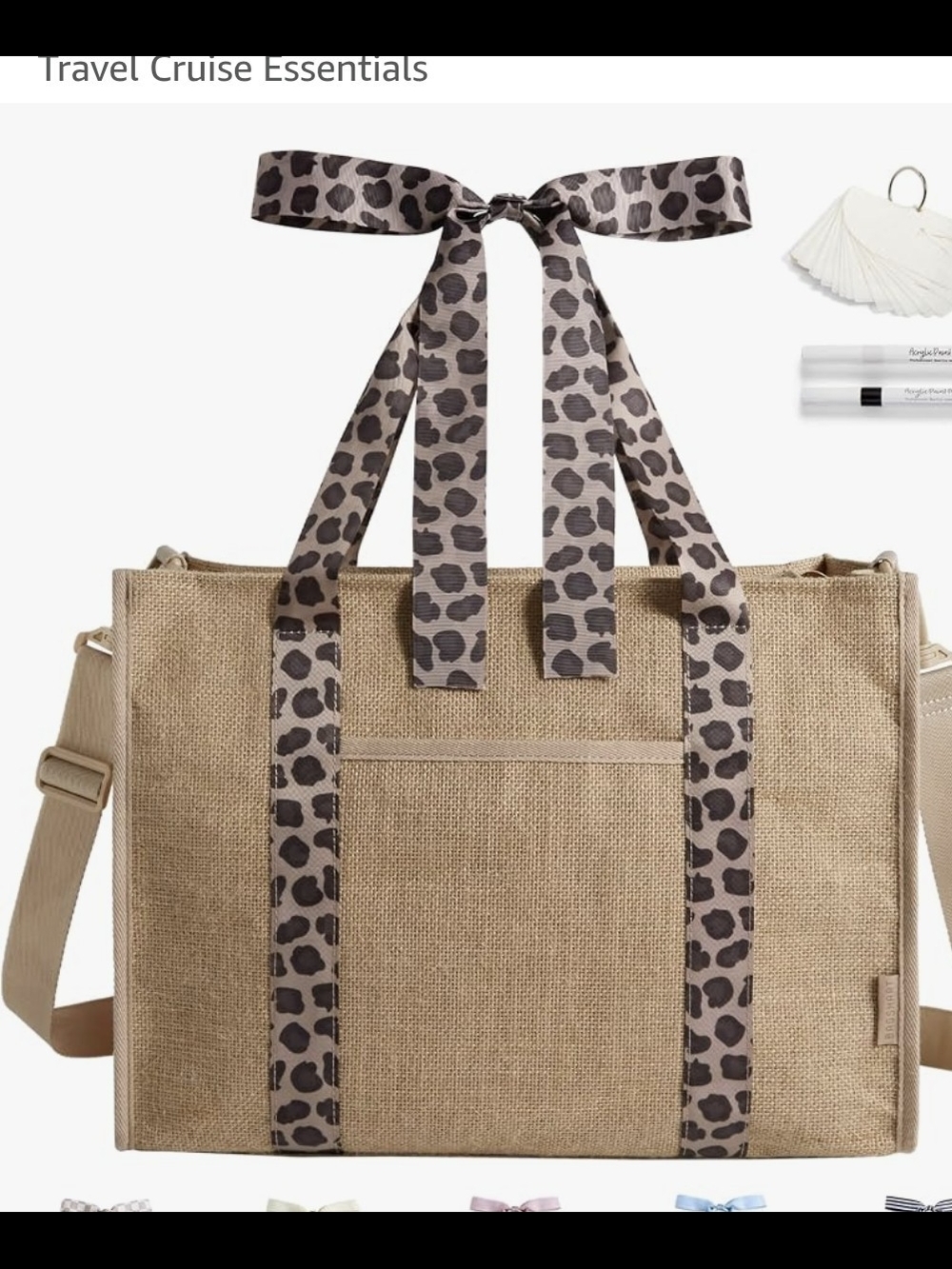 Bagsmart Natural Canvas Beach Tote with Leopard Ribbon Trim